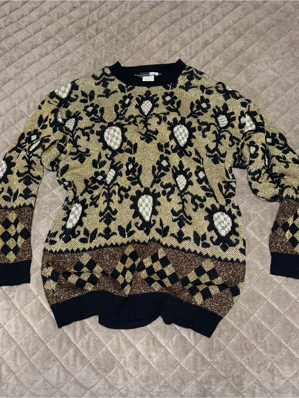VTG 80s Beldoch Popper Gold Metallic Lurex Knit Tapestry Tunic Sweater.